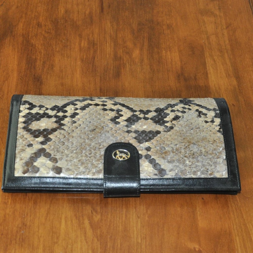 Vintage Real SNAKE SKIN Beige/Brown Bi-Foldover FLAP Clutch Black Leather Purse